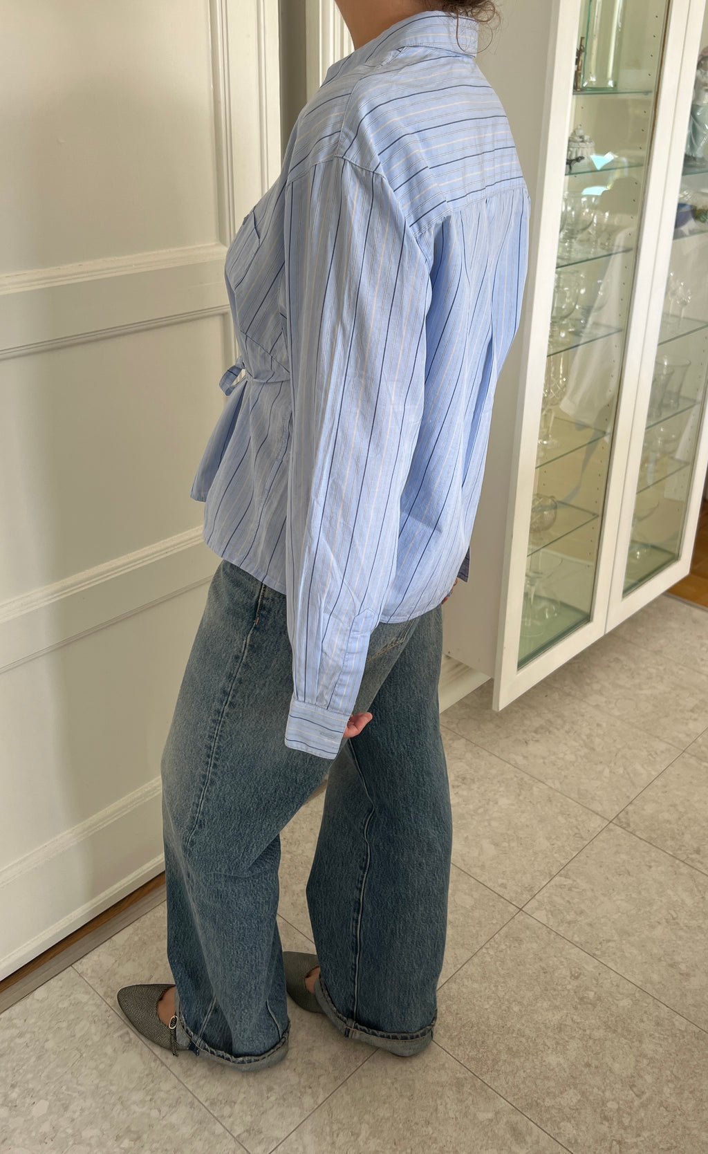 Blue Striped Shirt With Waist-Tie