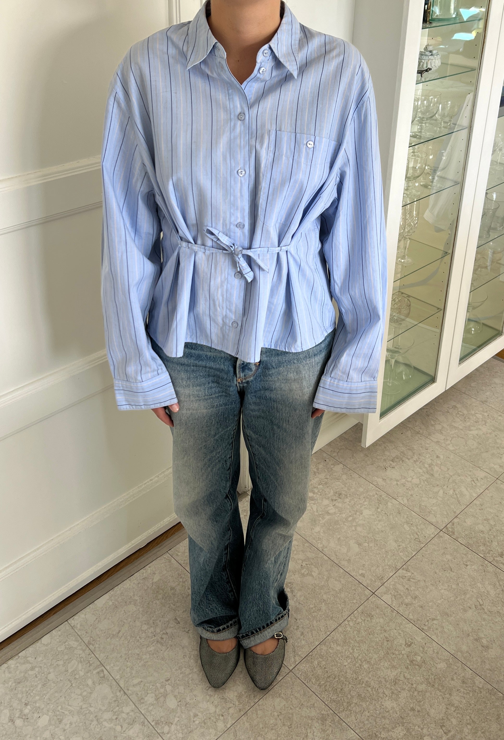 Blue Striped Shirt With Waist-Tie