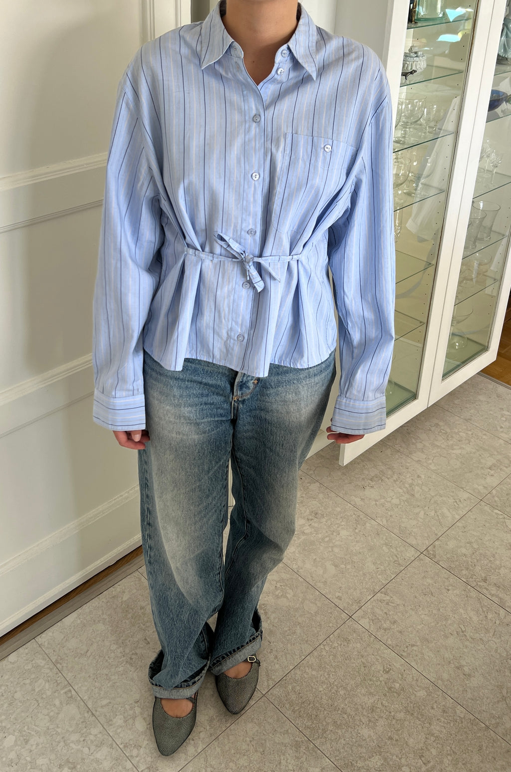 Blue Striped Shirt With Waist-Tie