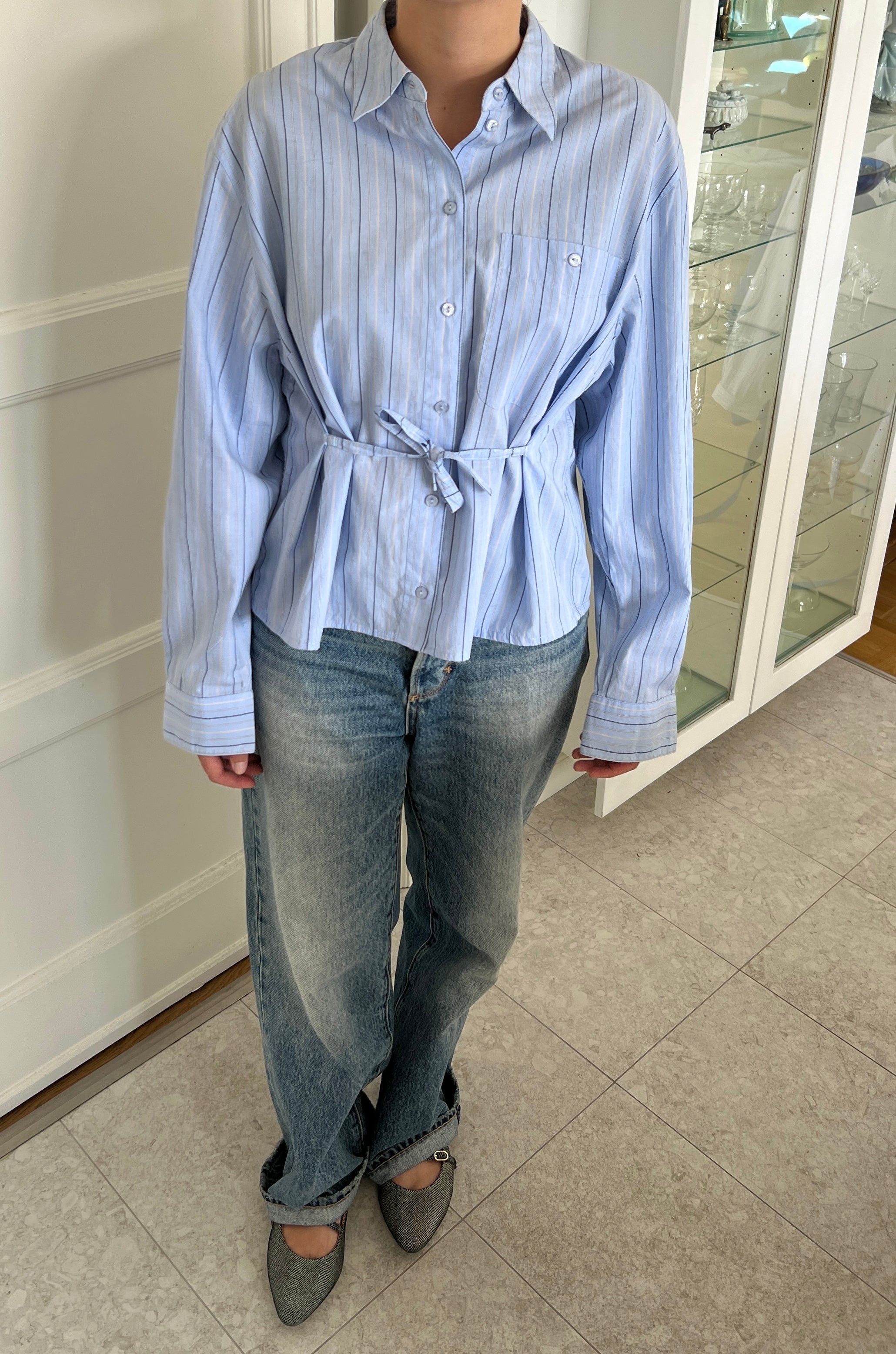 Blue Striped Shirt With Waist-Tie